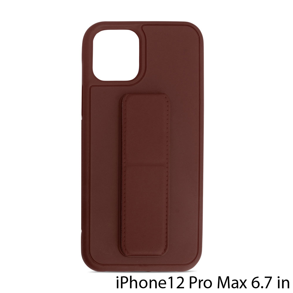 PU Leather Hand Grip Kickstand Case with Metal Plate for iPhone 12 Pro Max 6.7 inch (BROWN)